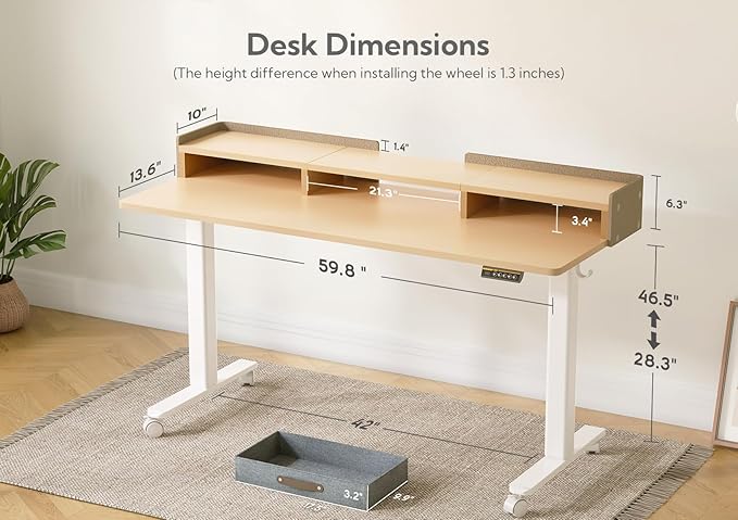 Claiks Standing Desk with Drawers, Adjustable Stand Up Electric Standing Desk Adjustable Height with Storage Shelf and Splice Board, 59 Inch, Natural