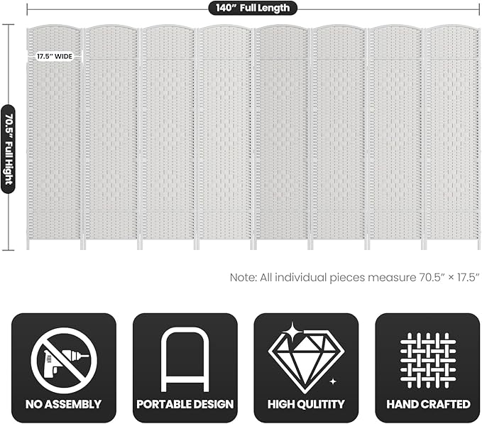 Cocosica Folding Room Divider, Weave Fiber Privacy Screen, Extra Wide Room Screen Divider Separator, Decorative Separation Wall Divider, Freestanding Room (8-Panel)