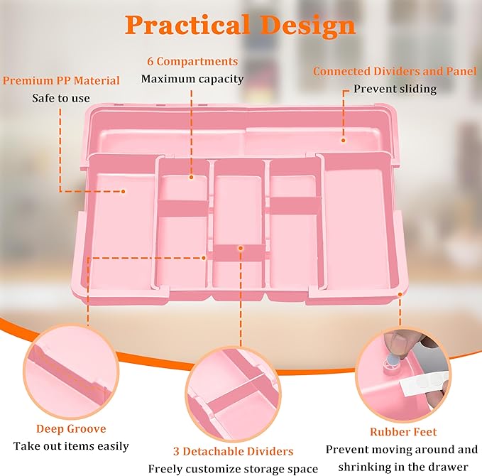 Spaclear Large Utensil Drawer Organizer Expandable Silverware Organizer for Kitchen Drawer Adjustable Cooking Utensil Holder Cutlery Flatware Tray Spatula Tools Gadgets Storage Dividers Plastic Pink