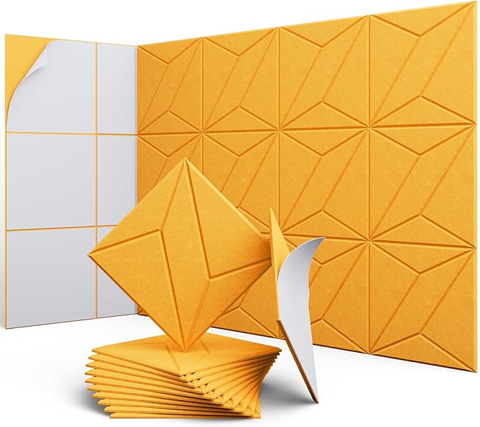 UNECHO 12 Pack 12" X 12" X 0.4" Acoustic Panels for Wall Sound Absorbing, P-Stripes Square Self-Adhesive Sound Panels, High Density Suitable for Multiple Scenarios(Orange)