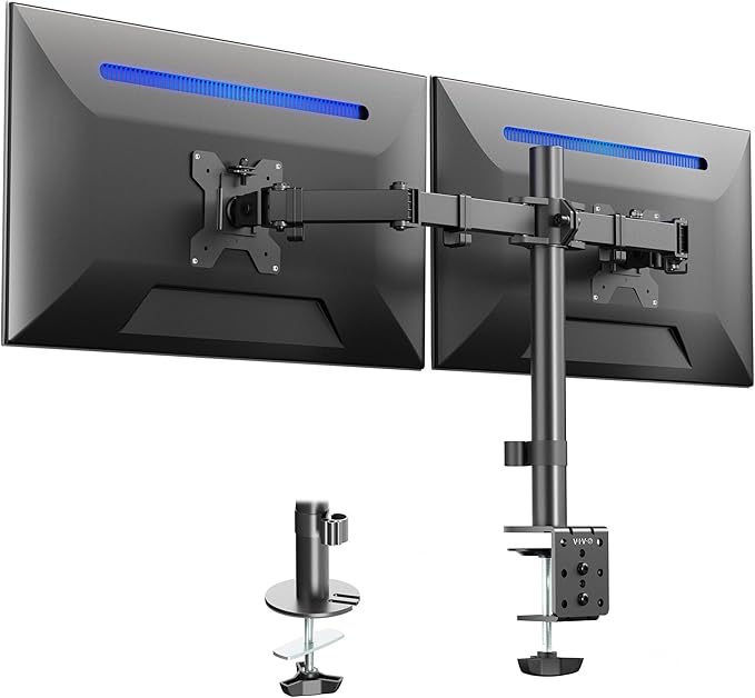 VIVO Dual Monitor Desk Mount, Heavy Duty Fully Adjustable Steel Stand, Holds 2 Computer Screens up to 24 inches and Max 22lbs Each, Black, STAND-V024