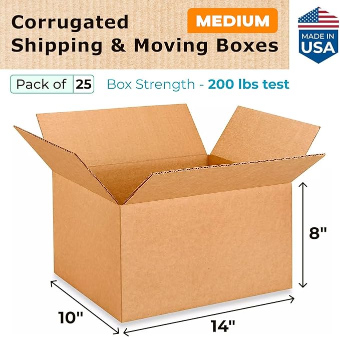 Medium Moving & Shipping Boxes 14"L x 10"W x 8"H (25-Pack) - Extra Strength 200 lb vs Regular - Corrugated Heavy Duty Shipping Boxes - Durable Box for Shipping - Box to Pack by IDL Packaging