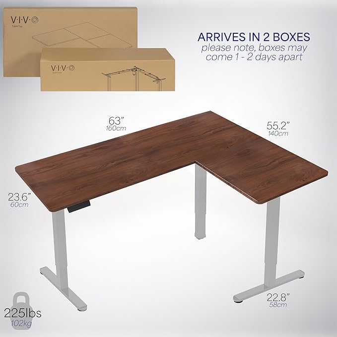 VIVO Electric Corner 63 x 55 inch L-Shaped Standing Desk, Memory Height Adjustment, Dark Walnut Top Gray Frame, DESK-E3CTGD