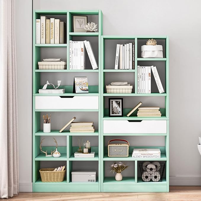 IOTXY Wooden Open Shelf Bookcase - 71 Inches Tall Freestanding Display Storage Cabinet Organizer with 10 Cubes and a Drawer, Floor Standing Bookshelf in Tiffany-Green