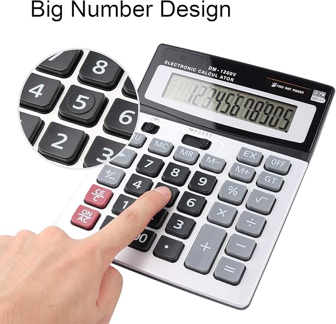 HIHUHEN Large Electronic Calculator Counter Solar & Battery Power 12 Digit Display Multi-Functional Big Button for Business Office School Calculating (1 x Calculator)