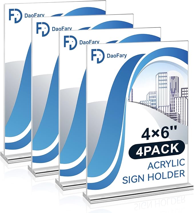 Daofary Acrylic Sign Holder 4 x 6 Inches 4 Pack, Double-Sided Stand up Table Top Paper Holder, Store Sign Holders, Plastic Sign Display for Restaurants, Hotels, Office