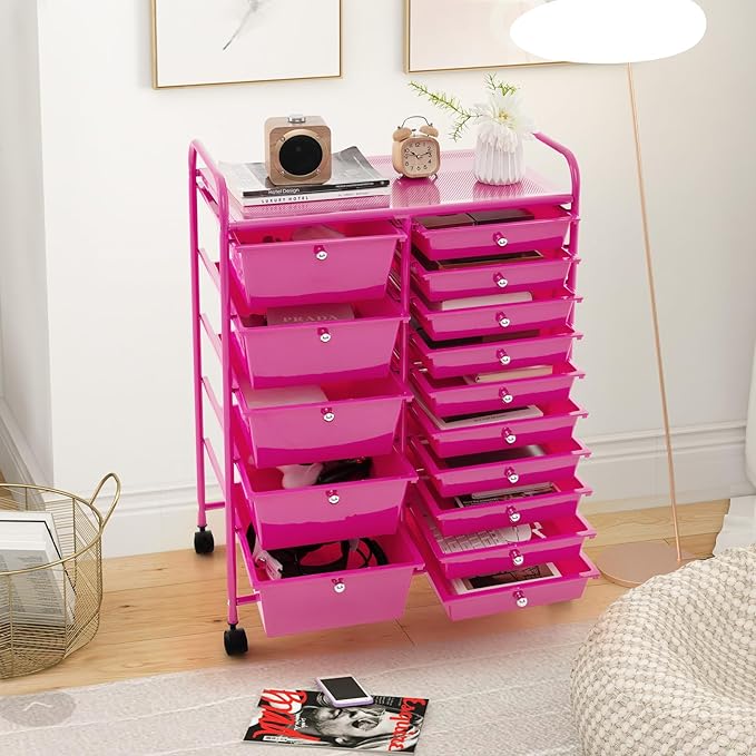 GOFLAME 15-Drawer Rolling Storage Cart, Craft Storage Cart with Removable Drawers & Lockable Wheels, Art Cart Supply Storage Organizer for Home Office Classroom, Hot Pink