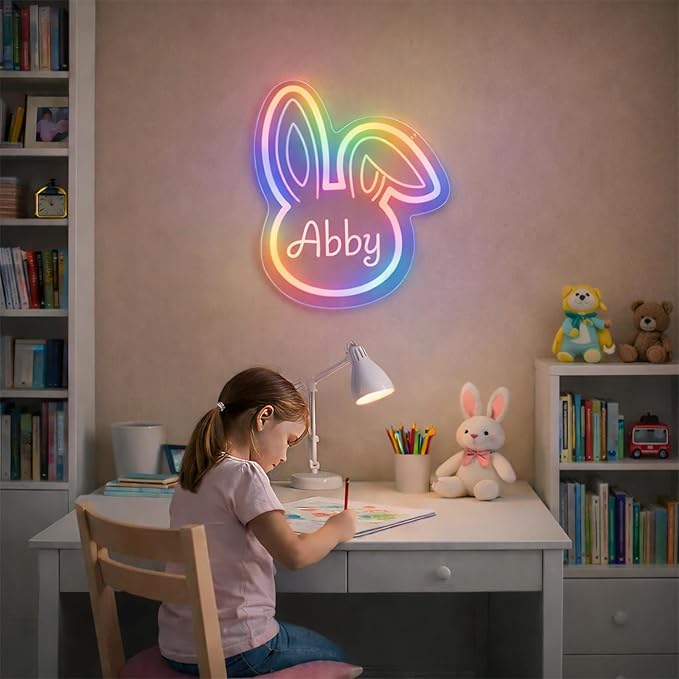 Sparklove Custom Bunny Neon Signs, Gifts for Easter, Customize LED Neon Name Sign for Teen Girl Boys Wall Room Decor, Personalized Rabbit Neon Sign Light Signs for Home Decor