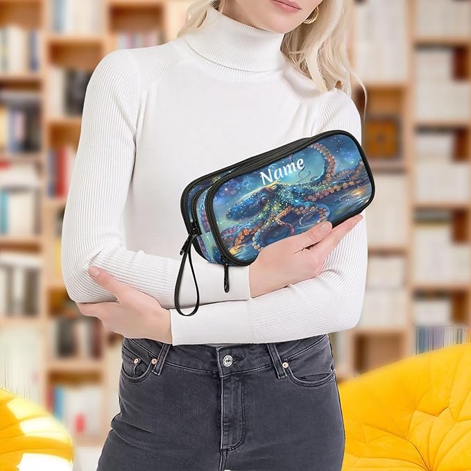 BOENLE Custom Octopus Galaxy Pencil Case Box Boys Girls Personalized Name Large Pencil Pouch Stationery Pen Bag Organizer for Kids Adults School Office