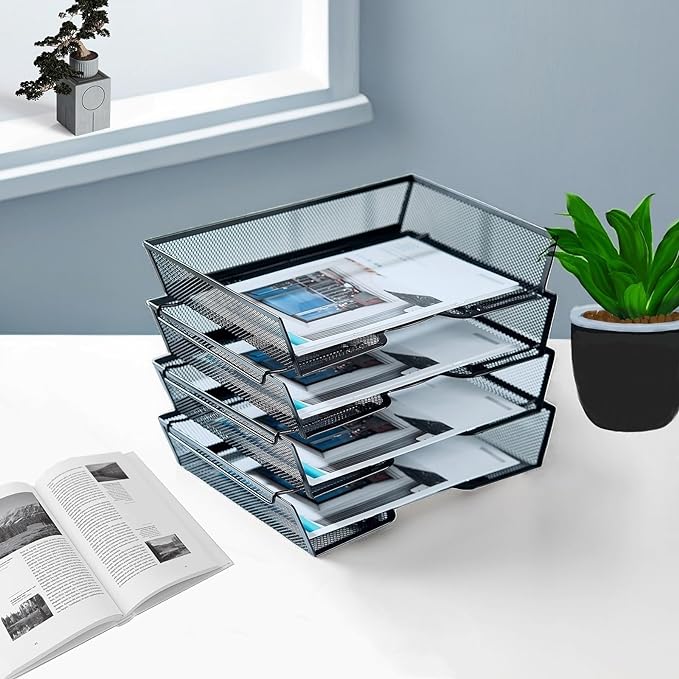 SETTFRFE 4 Tier Metal Mesh Desk Organizer-Stackable Letter Trays for Office Supplies,Black File Storage System with Reinforced Edges