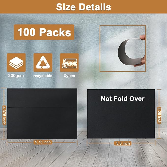 Silunkia 100 Packs Black Blank Cards and Envelopes 4.25 x 5.5 Heavyweight Single Panel Cardstock and A2 Envelopes Printable Self Seal for DIY Greeting Cards, Wedding Invitations, Graduations