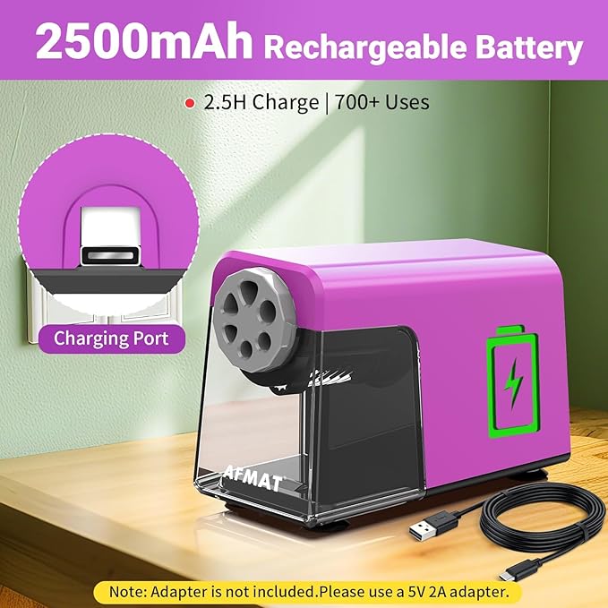 AFMAT 6-Hole Electric Pencil Sharpener, Cordless & Rechargeable, Colored Pencil Sharpener for 6-11mm Pencils, Auto Stop, Super Fast, 10,000+ Sharpenings, Battery Powered for Classroom/Home/Office PSD1
