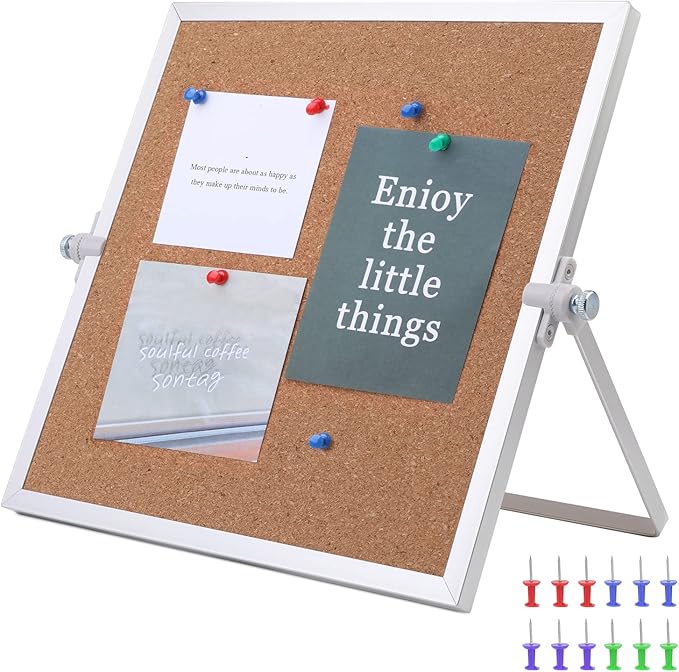 kdafio 9.8"×9.8" Cork Board Bulletin Board, Double Sided Pin Board with Silver Aluminum Border, Desktop Small Cork Board with Stand Suitable for Home, Office, Desk Message Board or Picture Board