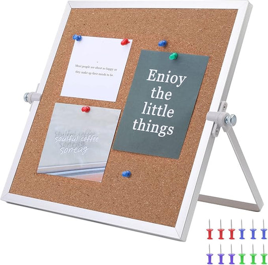 kdafio 9.8"×9.8" Cork Board Bulletin Board, Double Sided Pin Board with Silver Aluminum Border, Desktop Small Cork Board with Stand Suitable for Home, Office, Desk Message Board or Picture Board