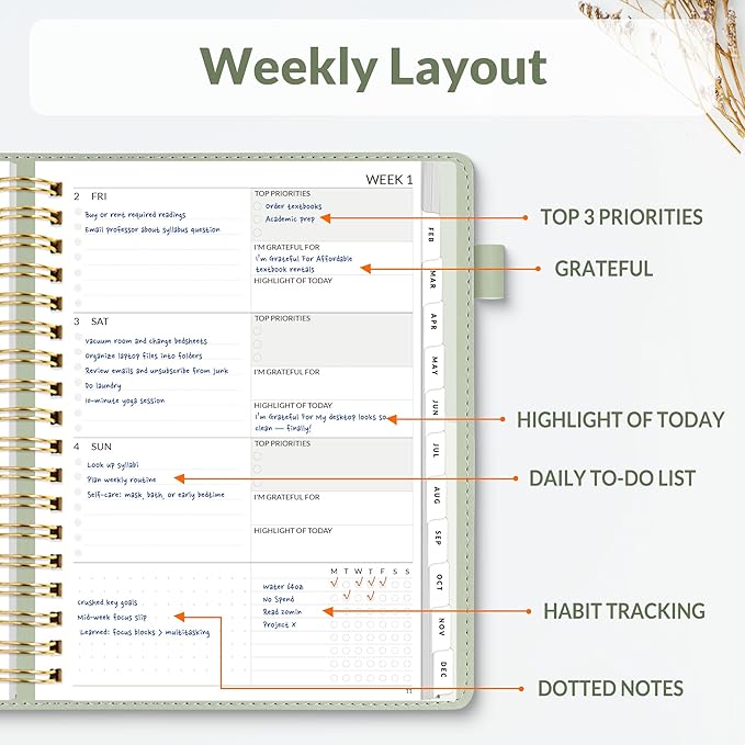 SUNEE 2026 Planner 5.9" x 8.3" – Dated Productivity Planner for Time Management - Daily,Weekly & Monthly Planner to Achieve Goals - Planner 2026 dated from January 2026 – December 2026,Grey Green
