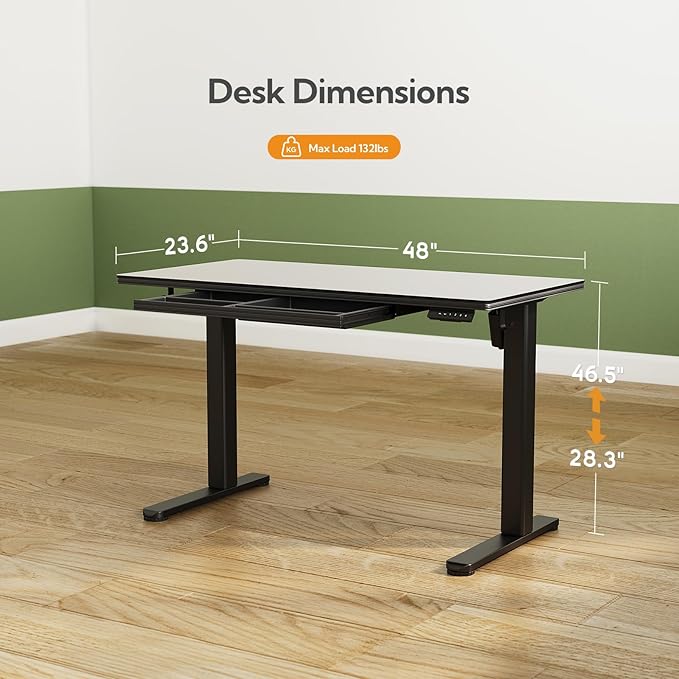 INNOVAR Glass Standing Desk with Drawers, 48 x 24 Inches Electric Height Adjustable Desk, Tempered Glass Top Stand Up Desks for Home and Office, Black