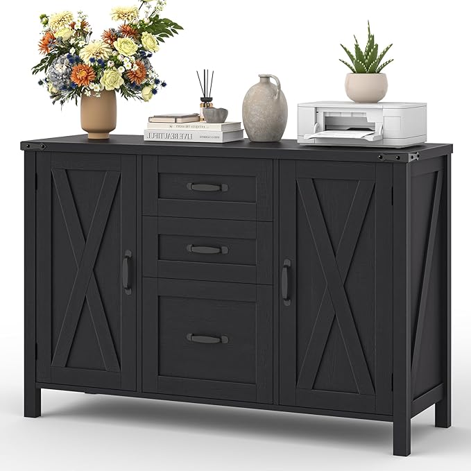 Vabches File Cabinet with 3 Drawers, Farmhouse Lateral File Cabinet Fits Files Letter/A4 Size, Wooden Filing Cabinet with Door and Adjustable Shelves Printer Stand for Home Office, Rustic Black