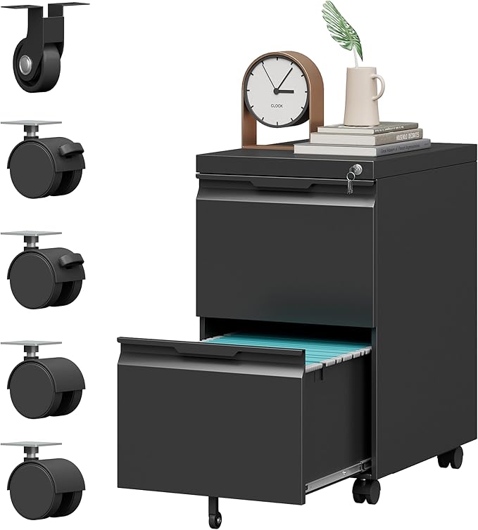 LONGLINK 2 Drawer Mobile File Cabinet with Lock,Under Desk Metal Filing Cabinets with Wheels for Home Office Organizer Letters/Legal/A4(Easy Assemble-Black)