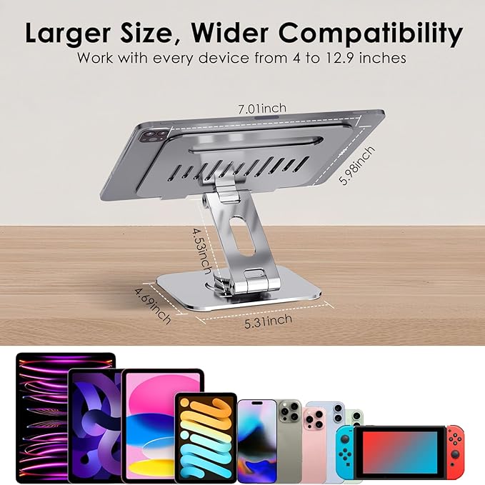 Gorablix Tablet Stand for Desk, 360° Swivel for iPad Holder, Aluminum Adjustable Tablet Holder, Compatible for iPad Pro Air Mini Surface Pro Samsung Galaxy Tabs Kindle, 4-12.9 inch, Silver