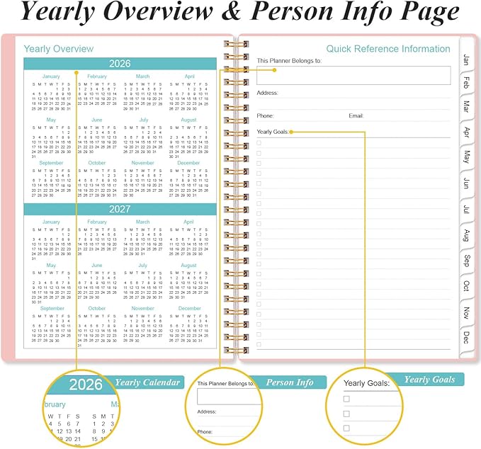 2026 Planner - Planner 2026 from January 2026 - December 2026, Weekly & Monthly Planner Spiral Bound with 12 Monthly Tabs, Inner Pocket, 6.4" x 8.5", Pink-A