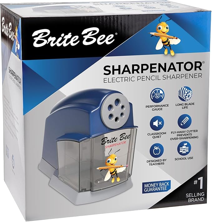 Brite Bee Sharpenator – Heavy Duty Classroom Electric Pencil Sharpener for Teachers & Students – Quiet Motor, Auto Stop, Large Bin, Helical Blade – Sharpens All Pencil Types