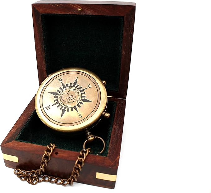 US HANDICRAFTS Home is Wherever Engraved Brass Compass with Wooden Case | Romantic Anniversary, Engagement, Wedding Gift for Boyfriend, Husband, & Loved Ones, for Him or Her