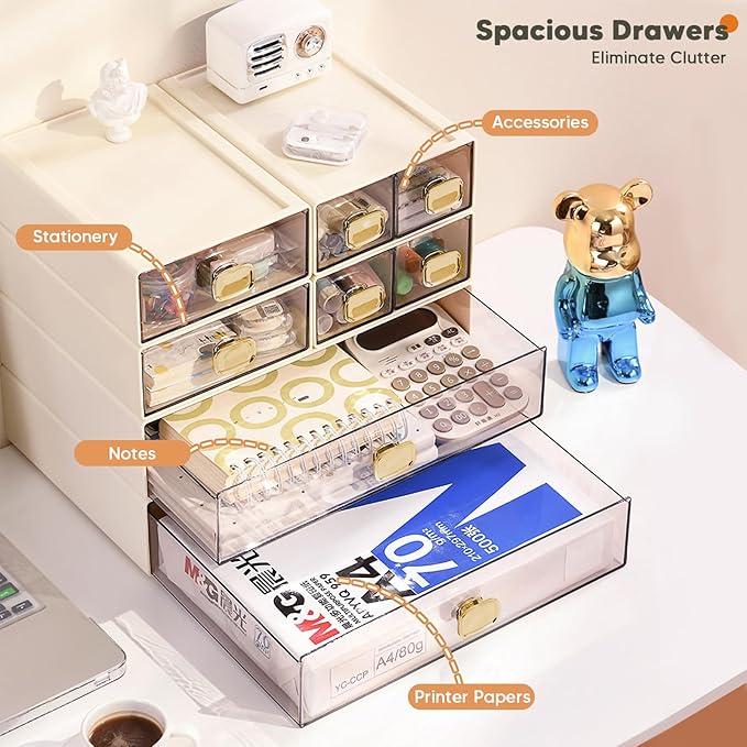 DETEIN 2PACK Stackable Desktop Storage Organizer Plastic Desk Organizer with Drawer Stacking Drawer for Pantry, Locker, Makeup, Vanity, Garage and Small Organization(M - 1 Drawer, Cream White)
