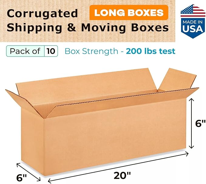 Long Shipping & Moving Boxes 20x6x6 inches (10-Pack) - Extra Strength 200 lb vs Regular - Corrugated Strong Boxes for Packaging Moving - Packing Box for Moving - Cardboard Box by IDL Packaging
