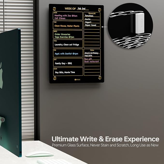 Black Glass Golden Weekly Dry Erase Calendar & Menu Whiteboard for Wall, Meal Planning & Grocery Shopping List White Board for Kitchen & Home, 15x11, 4 Wet Erase Markers Included, Yeoux