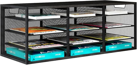 PAG-Mass Mail Sorter Adjustable Countertop Heavy Duty Literature Organizer Student Mailbox for Classroom Desktop Bill Paper Holder Rack for Office Home School, 12 Compartments, Black