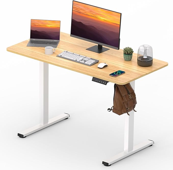 FitStand Adjustable Stand Up Desk with Memory Preset,Electric Standing Desk 47 x 24 Inch Home Office Desk Computer Workstation Sit Stand Desk, Splice Maple Top + White Frame