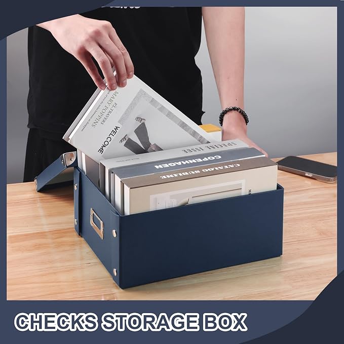 DLUGOPIS 2 Pcs Inch Checks Storage Box with Lid Document Boxes Document Bin Banker Boxes Foldable Receipt Box Storage Navy Blue Cardboard Record Boxes For Business Pesonal Books Files 12"x10"x5"