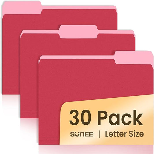 SUNEE File Folders, 30 Pack Manilla Folders 8.5 x 11, Colored File Folder Home Office School Supplies for Documents Files Paper, Red