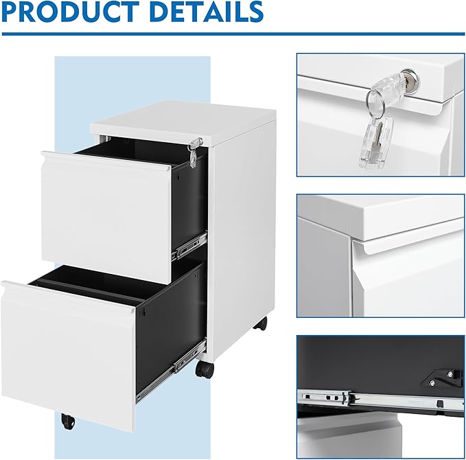 BYNSOE 2 Drawers File Cabinet with Lock Metal Vertical File Cabient with Wheels Mobile File Cabinet for Office Home Legal/Letter/a4 Size Require Assembly (White, 2 Drawers)