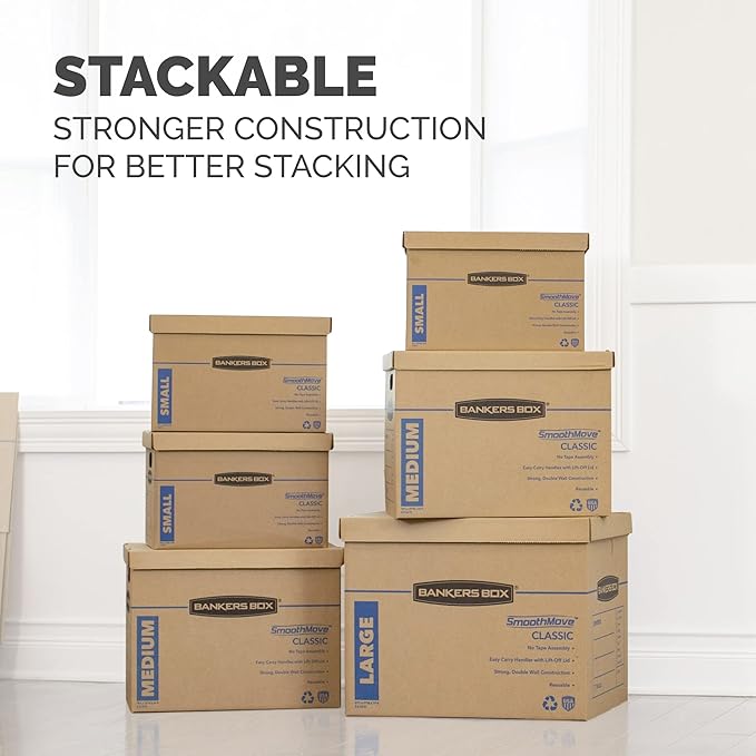 Bankers Box Small Classic Moving Box 15 Pack, Reinforced Handles, Tape-Free Assembly, Box with Lid, 15-in x 12-in x 10-in (7714209)