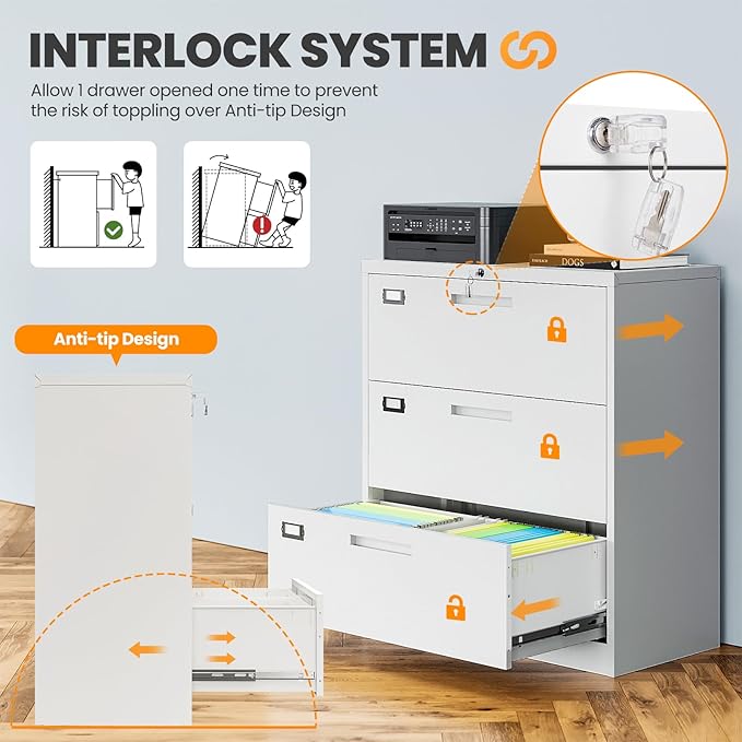 AFAIF 3 Drawer File Cabinets for Home Office, Metal Filing Cabinet with Lock, White Locking File Caninet Three Drawer, Office Storage Caninets Steel Cabnet for Letter/Legal/A4/F4-Assembly Required