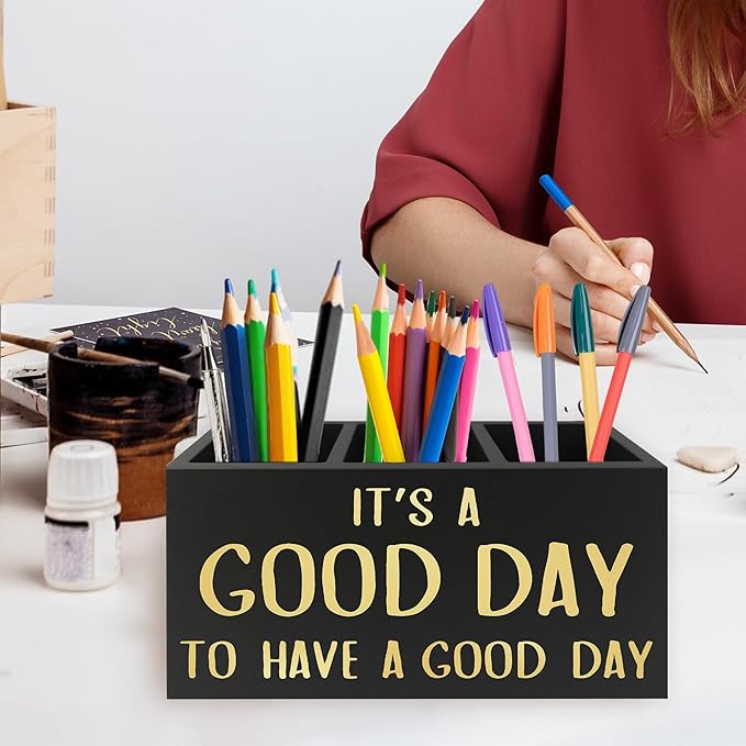 QZQE Inspirational Office Pen Pencil Holder Organizer for Desk, It's a Good Day to Have a Good Day Positive Wooden Box Signs Decorations for Home Office Desk Tabletop, Motivational Gifts for Women