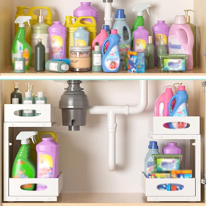 Beleeb Under Sink Organizer, 1 Pack 2 Tier Metal Slide Out Pull Out Cabinet Organizer Shelf, Height Adjustable Organization and Storage Series, Bathroom/Desktop/Cabinet/Kitchen organization, White