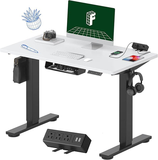 FLEXISPOT EN2 Whole-Piece Standing Desk with Clamp Power Strip, 40 x 24 Electric Stand Up Height Adjustable Desk with Cable Management (Black Frame + White Top, 2 Packages)