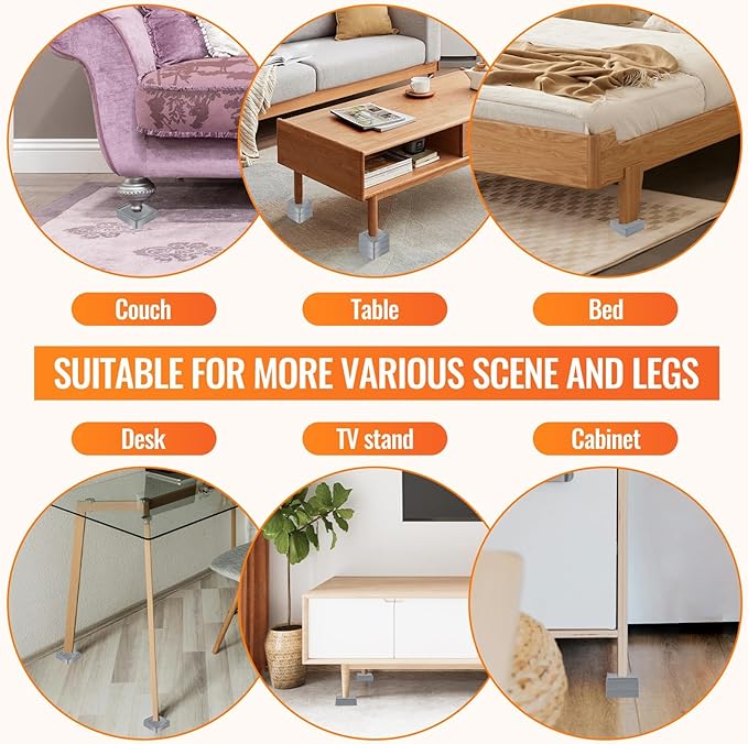 shouwuhho Furniture Risers, 4 Pack Bed Risers with Non-Slip Grip and Heavy Duty Support, 1 Inch 2 Inch 3 Inch 4 Inch Height Lift for Couch, Sofa, Table, Desk, Chair, Refrigerator - Gray, 1+1 Inch