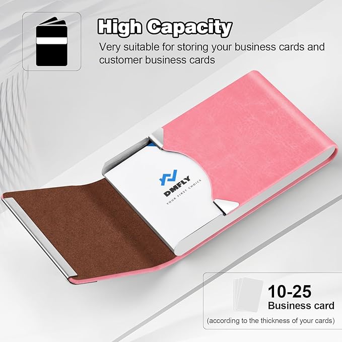 Business Card Holder for Women or Men, Business Card Case with PU Leather and Stainless Steel, Slim Metal Case with Magnetic Closure for Business Meeting Use