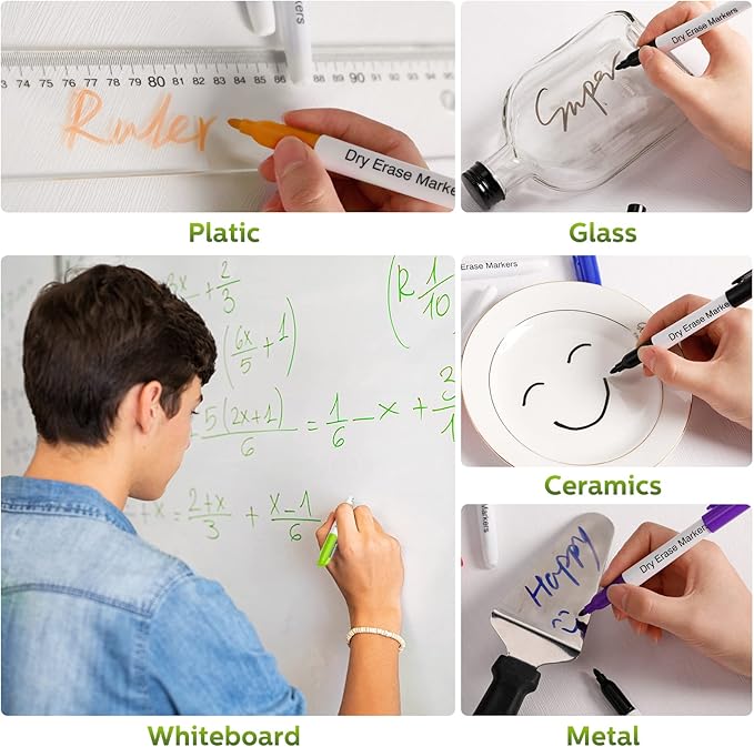 Thenshop 200 Pack Dry Erase Markers Bulk with 4 Magnetic Erasers Fine Tip Dry Erase Markers Whiteboard Pens Bulk for Office Supplies(Cute Color)