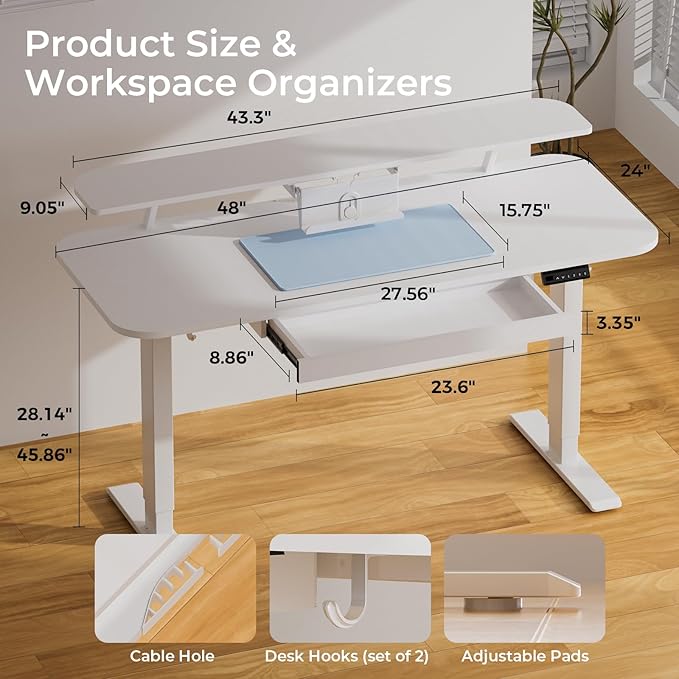 COMHOMA Electric Standing Desk with Drawers, 48 x 24'' Sit Stand up Desk with Monitor Stand, Laptop Stand, Height Adjustable Ergonomic Home Office Computer Desk with Memory Preset Controller