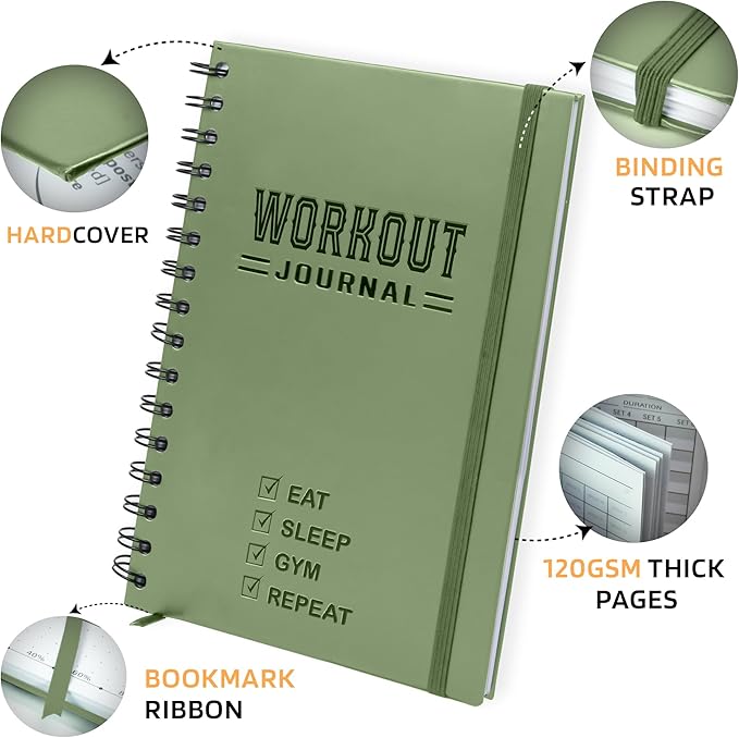 Nextnoid Hardcover Fitness Planner Workout Journal for Women & Men - Undated A5 Sturdy Workout Notebook to Track Gym & Home Workouts - Green Separately Packaged 2 Pieces