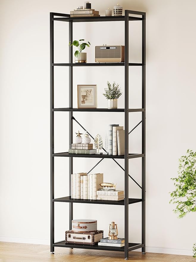 Casaottima Book Shelf, 6 Tier Tall Bookshelf, Modern Wood Bookcase Shelves for Bedroom, Industrial Display Shelf for Living Room Home Office Kitchen, Standing Shelving Unit Storage Organizer, Black