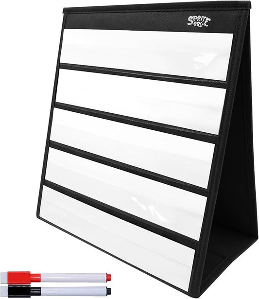Black Tabletop Desktop Pocket Chart with Bonus 20X Dry Erase Cards. Double Sided and Self-Standing (13” X 12”)