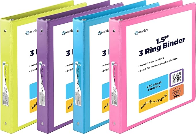 3 Ring Binder 1.5 Inch, 1 ½ inch Binder Clear View Cover with 2 Inside Pockets, Colored School Supplies Office and Home Binders Pink, Blue, Purple, Green (4 Pack) – by Enday