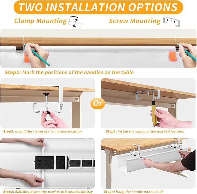SUREUP9 No Drill Under Desk Cable Management Tray, 36" Cord Organizer with Clamp, Fabric Cable Management for Standing Desks, Ideal for Home & Office - White