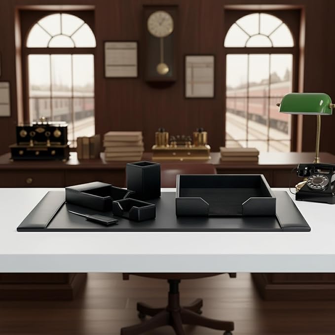 DACASSO Bonded Leather Desk Set - Luxury Leather Desk Pad & Desk Organization Essentials (Black, 6 Piece)