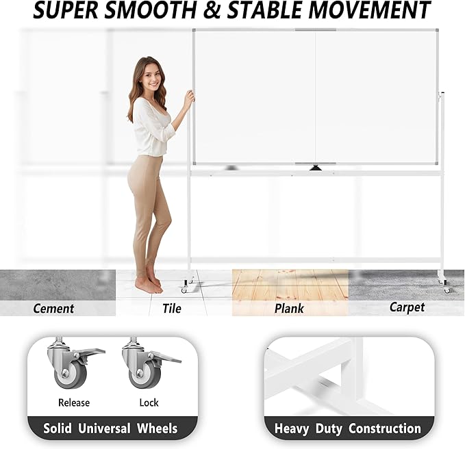 Neatsure Large Rolling Whiteboard on Wheels, 72" x 40" Double-Sided Mobile White Board with Stand, Portable Standing Magnetic Dry Erase Board Easel for Home Office Classroom School, Silver
